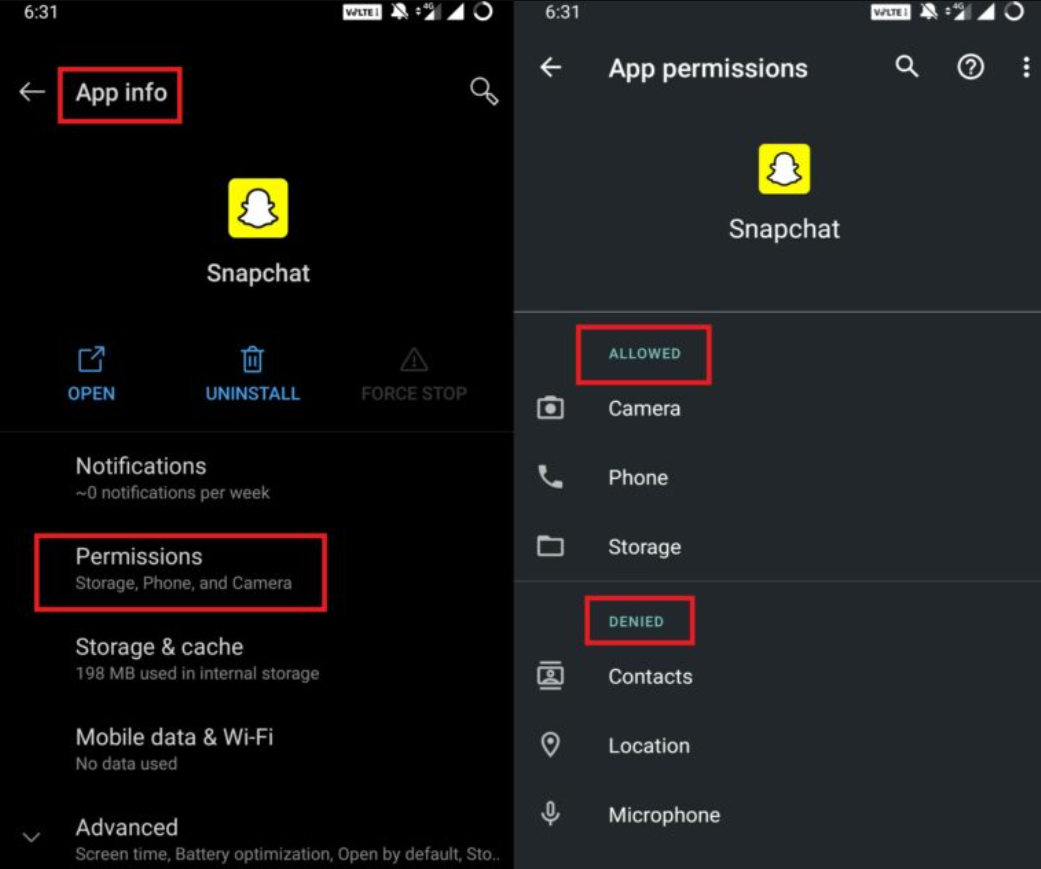 Check Network Permissions on snapchat